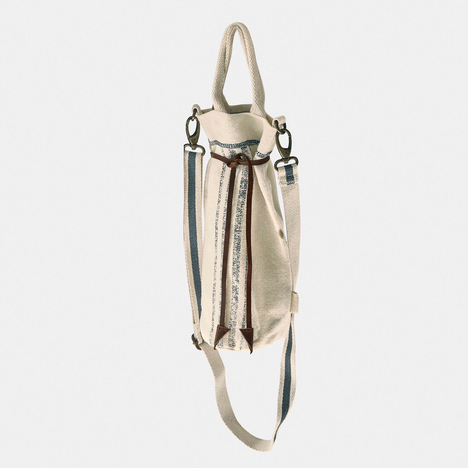 Sac beige en tissu avec rayures bleues et lanière marron, sac à dos pratique pour un usage quotidien