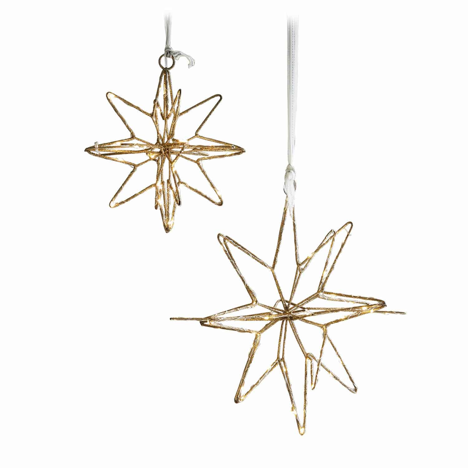 Lot de 2 étoiles LED Pérole Étoiles décoratives en métal doré avec éclairage LED suspendues, décorations de Noël élégantes