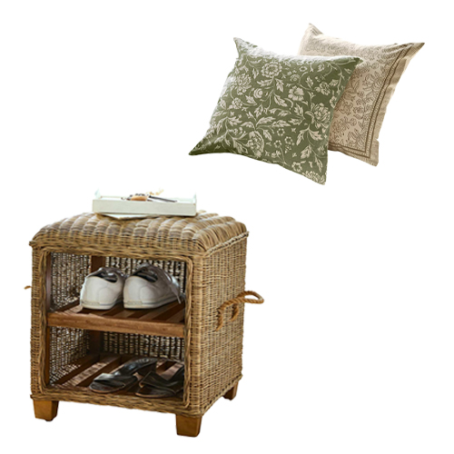 Rieten schoenenkast met twee planken en decoratieve kussens in groen en beige