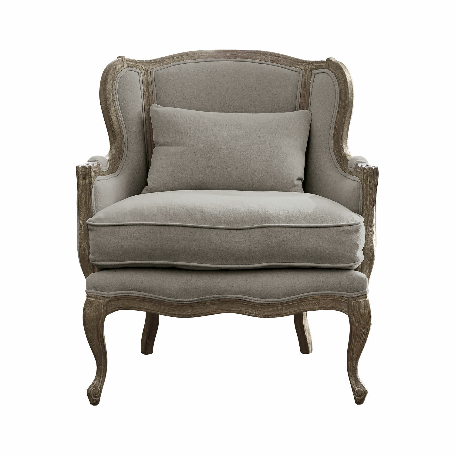 Fauteuil Kingswinford gris avec cadre en bois sculpté, style vintage pour salon