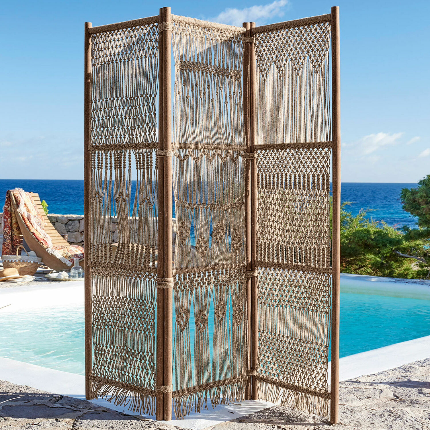 Roomdivider Tarik Kamerscherm van natuurlijke touw en hout in beige, geschikt voor tuin en terras