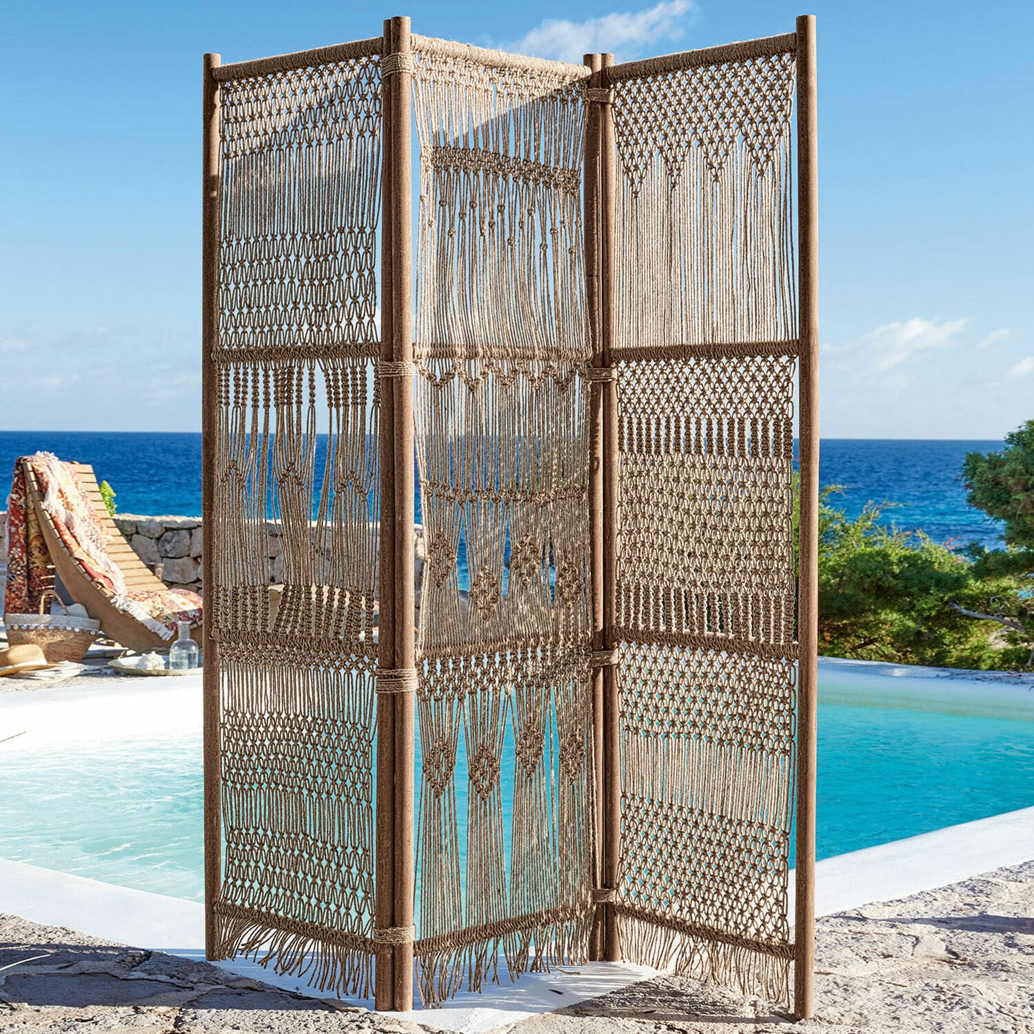 Paravent Tarik Paravent en corde naturelle et bois beige, parfait pour jardin et terrasse extérieur