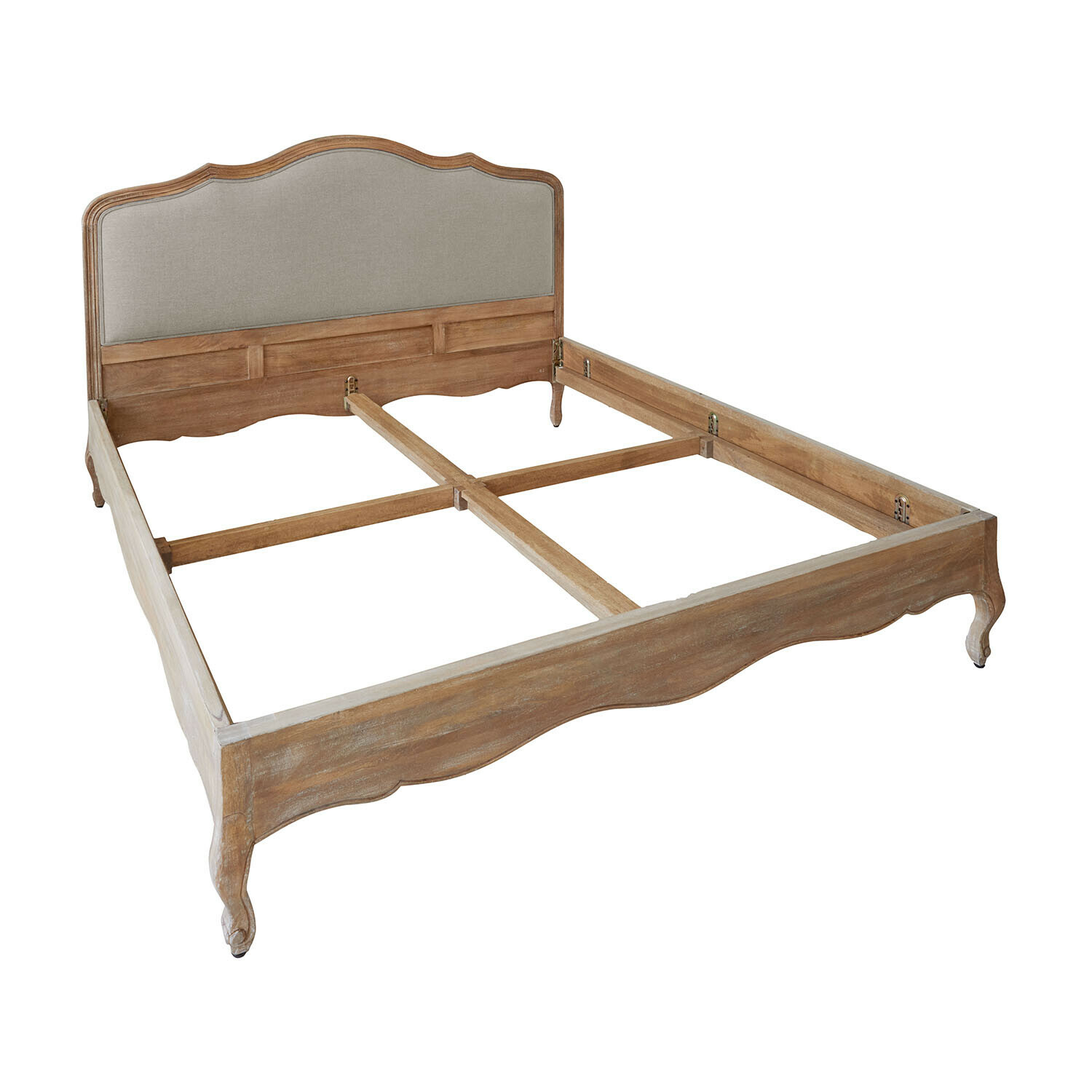 Lit Serravalle Lit en bois avec tête de lit rembourrée grise et pieds sculptés style vintage