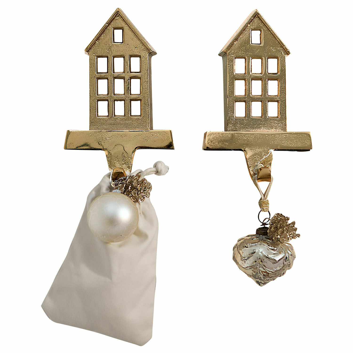 Lot de 2 patères Xanique Crochets dorés en forme de maison avec décorations de Noël et sac en tissu beige