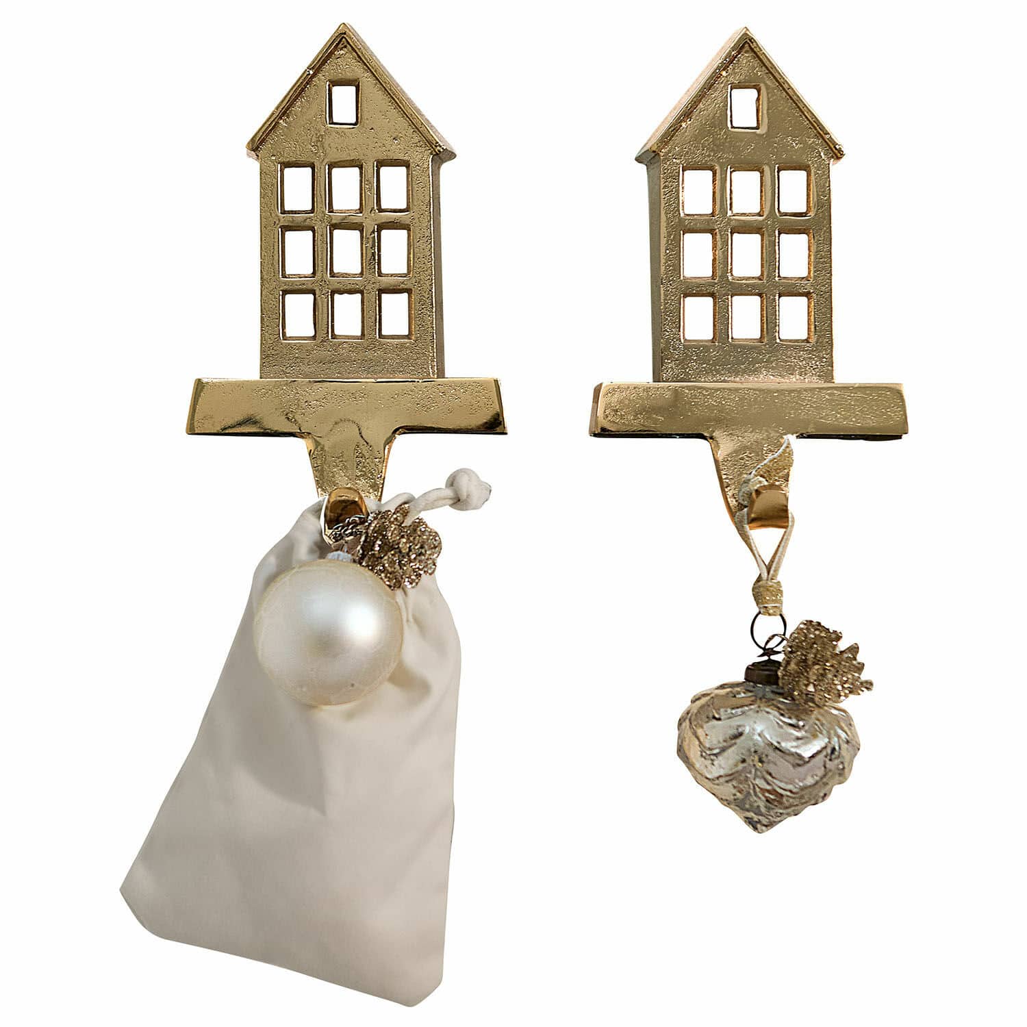 Haak set van 2 Xanique Gouden metalen haken in huisvorm met kerstversieringen en beige stoffen zakje
