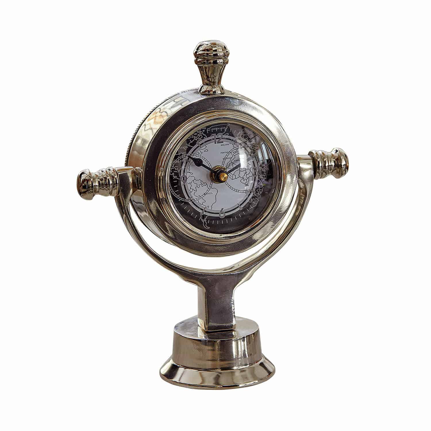 Horloge Iskora Horloge de table en métal argenté avec carte du monde, décoration élégante pour bureau ou maison
