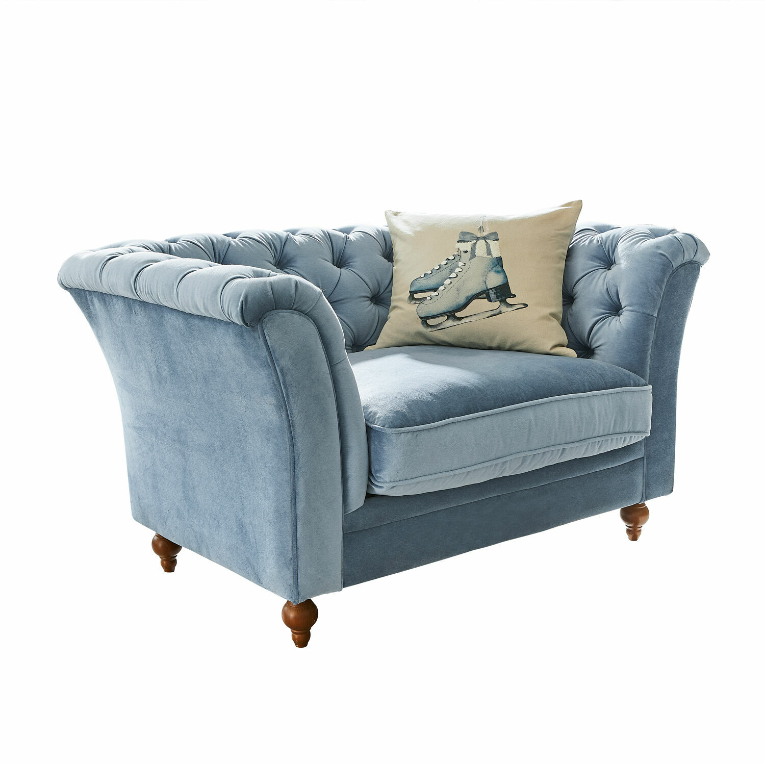 Canapé Clères Canapé Chesterfield bleu en velours avec pieds en bois et coussin décoratif à motif patins