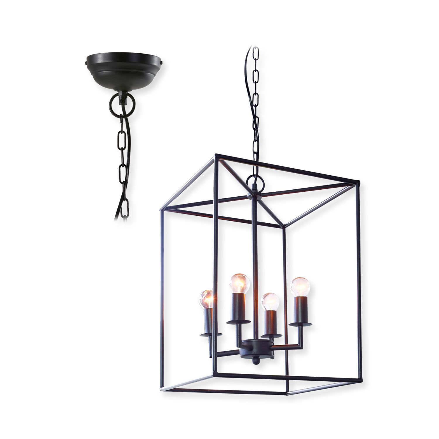 Hanglamp Elian Zwarte metalen hanglamp in kubusvorm met vijf lampen, modern design en verlichting