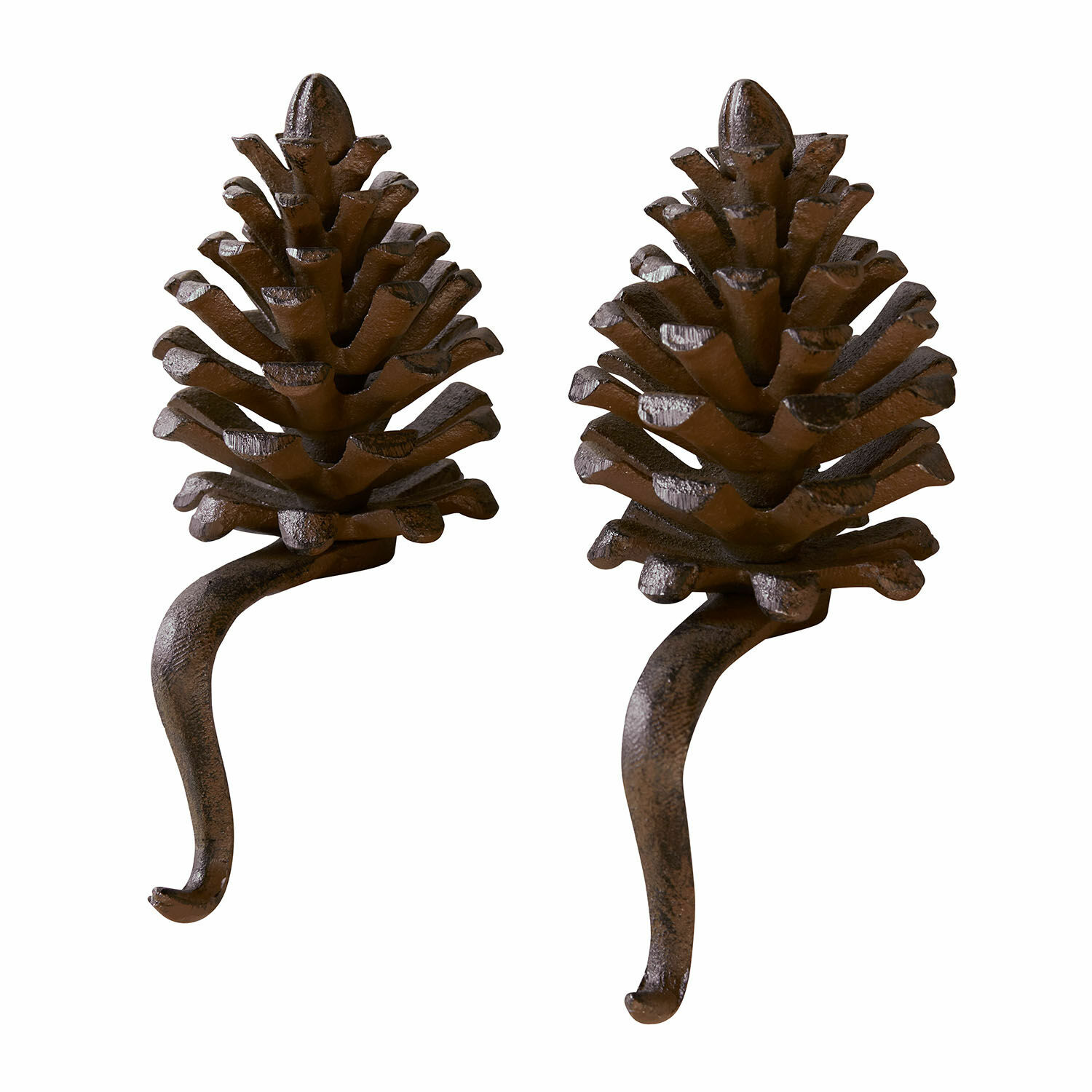 Lot de deux crochets décoratifs en fer couleur brun antique en forme de pommes de pin