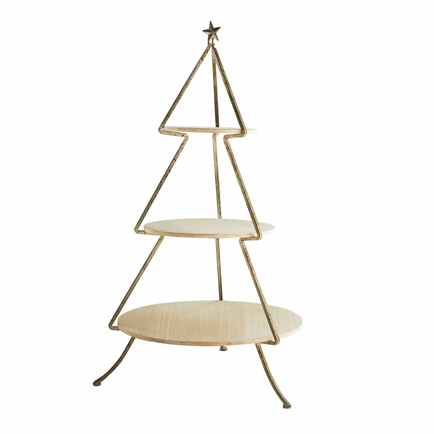 Présentoir à étages Wélonice Étagère en métal en forme de sapin avec plateaux en bois clair pour décoration de Noël