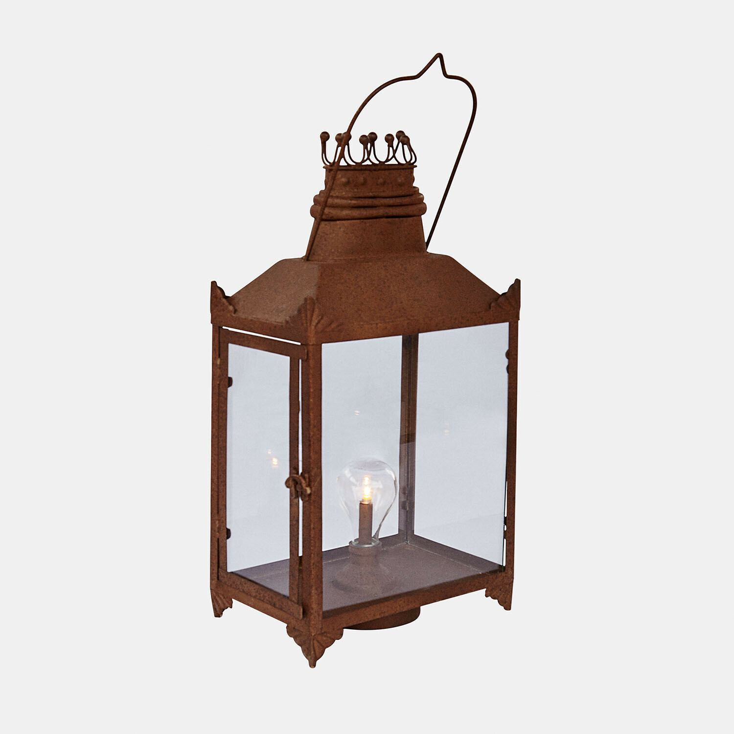 Ledlantaarn Volanaïs Rustieke metalen lantaarn met roestige afwerking en glazen panelen, decoratieve lamp met gloeilamp