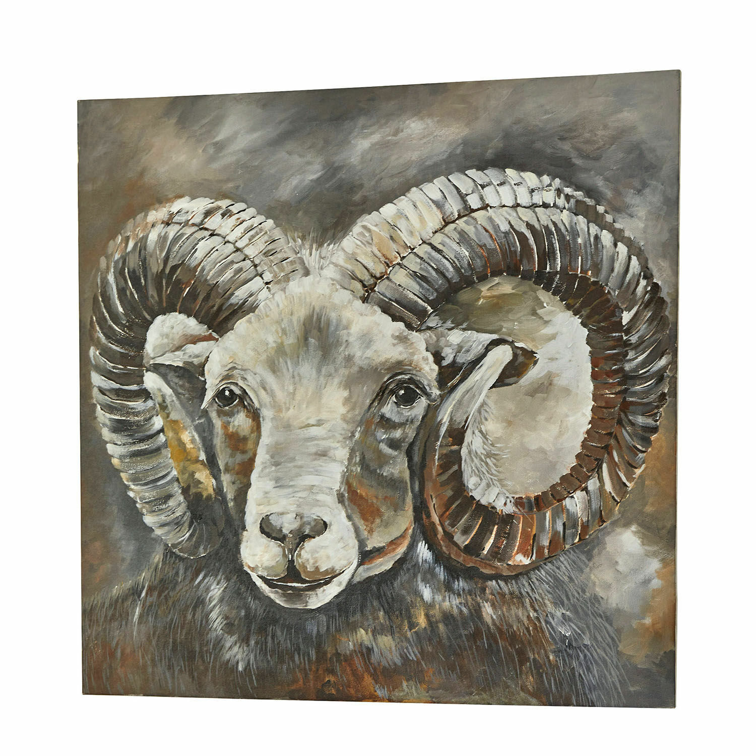 Afbeelding Nahant Schilderij van een ram met grote gedraaide hoorns in bruine en grijze tinten