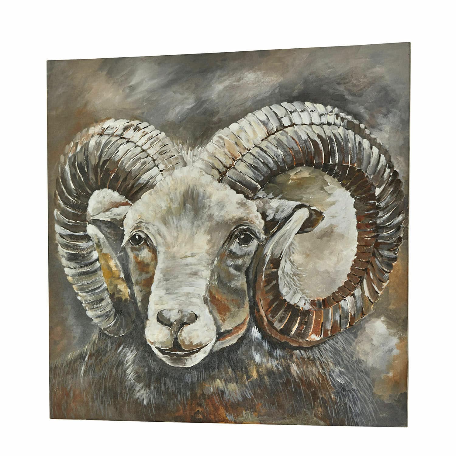 Afbeelding Nahant Schilderij van een ram met grote gedraaide hoorns in bruine en grijze tinten