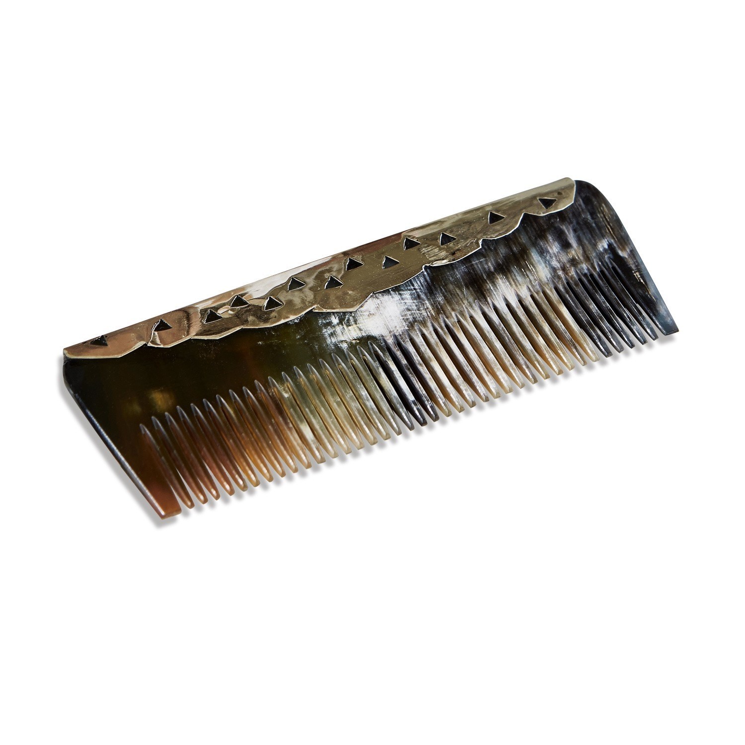 Peigne en corne avec bordure métallique décorative brun noir pour soin des cheveux