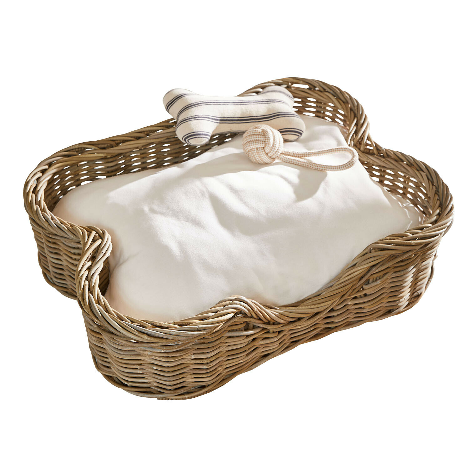 Panier pour animaux Ninloo Panier pour chien en osier avec coussin blanc et jouets en forme d'os et de balle