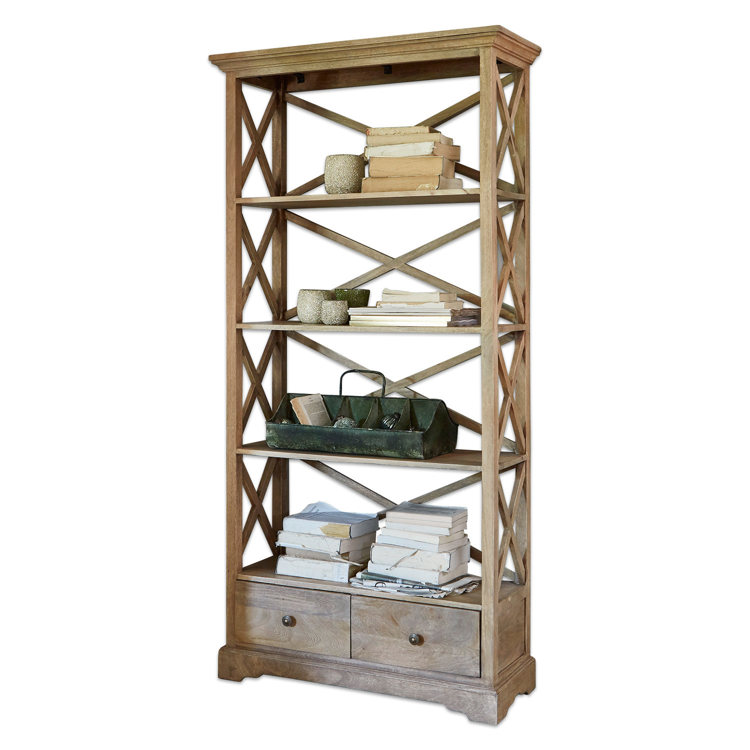 Étagère Vélu Étagère en bois naturel avec quatre niveaux et deux tiroirs, meuble de rangement pour livres et décorations