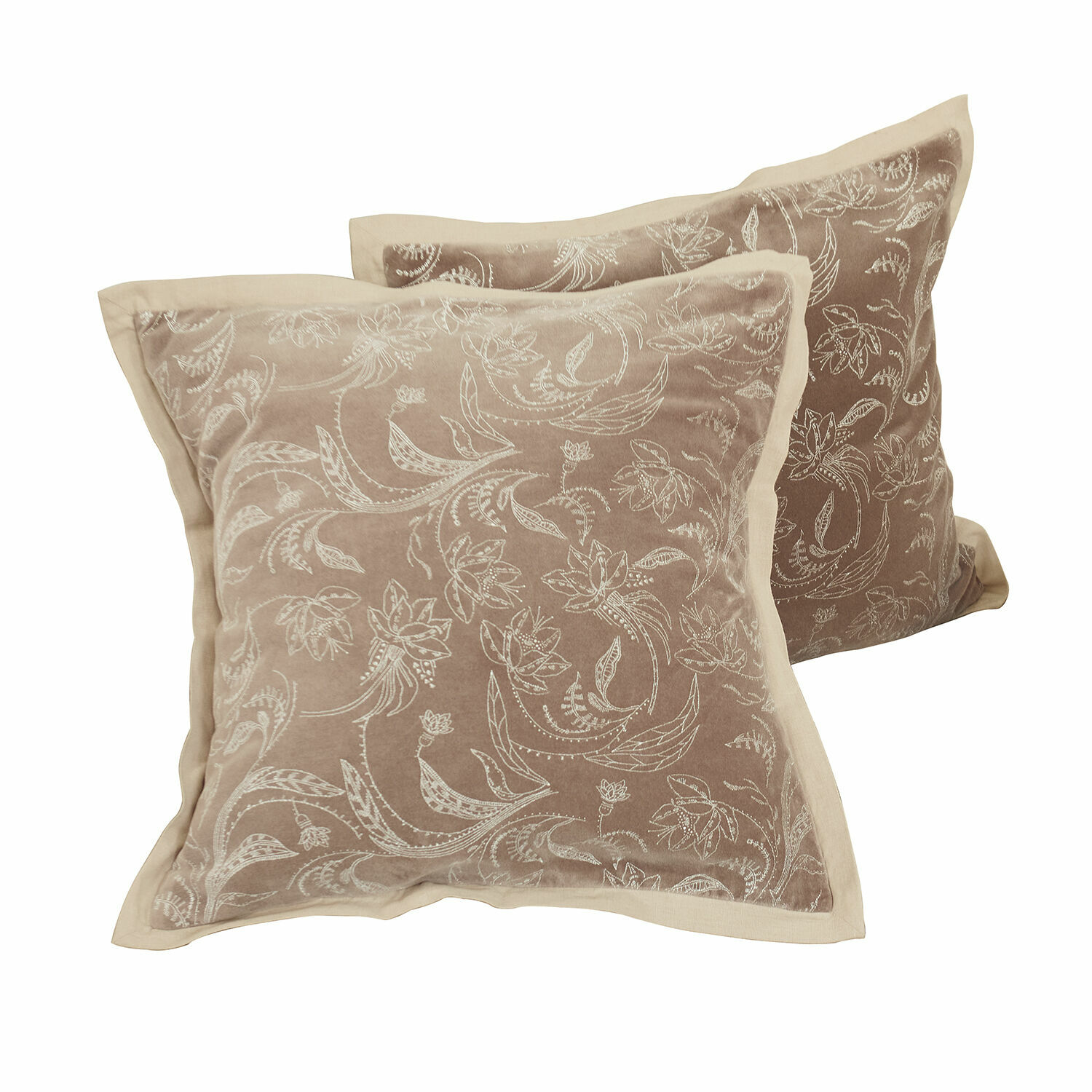 Kussenhoes set van 2 Olicianne Set van twee beige fluwelen sierkussens met bloemmotief en stoffen rand