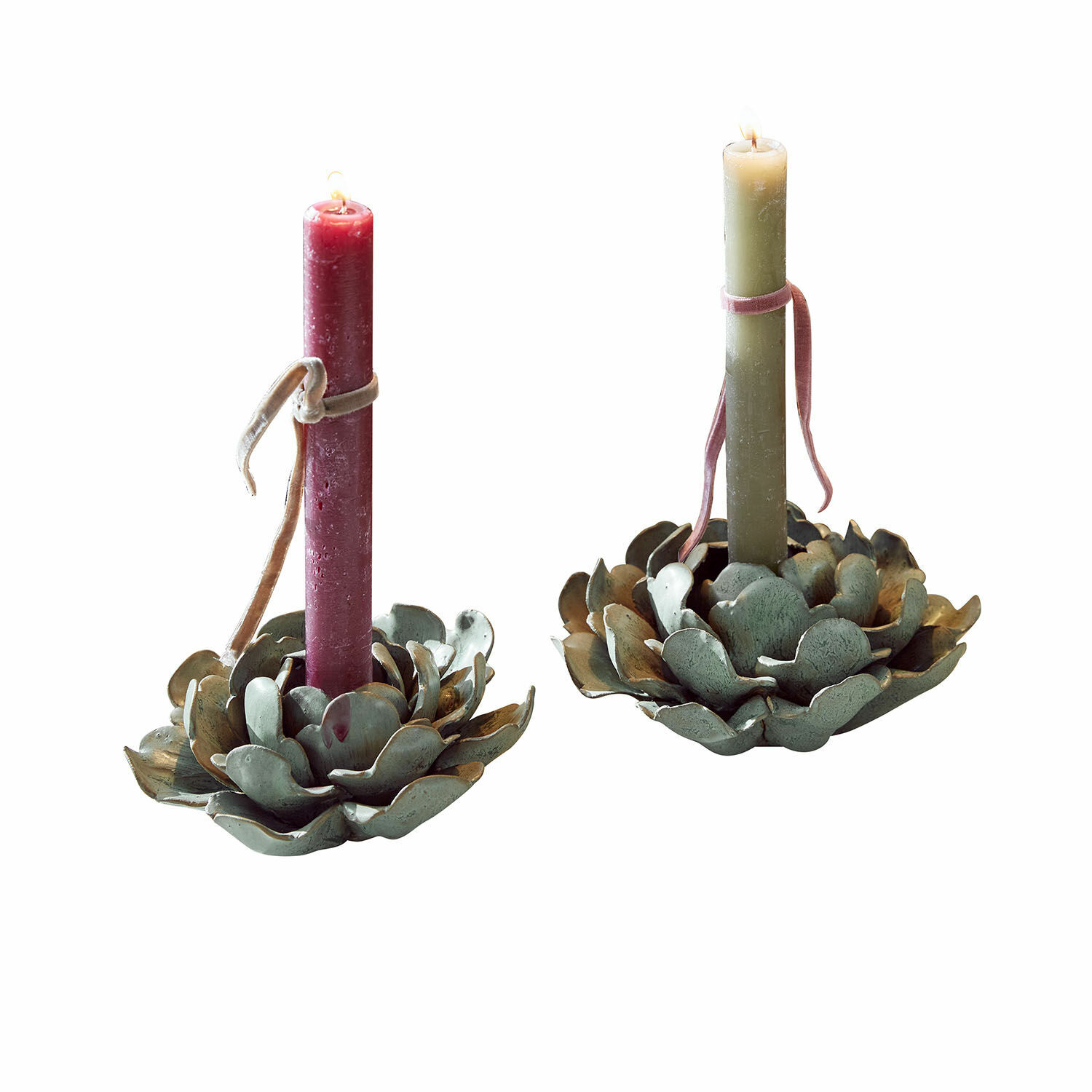 Lot de 2 bougeoirs Myka Bougeoirs en métal en forme de fleurs avec bougies rouge et verte pour décoration intérieure