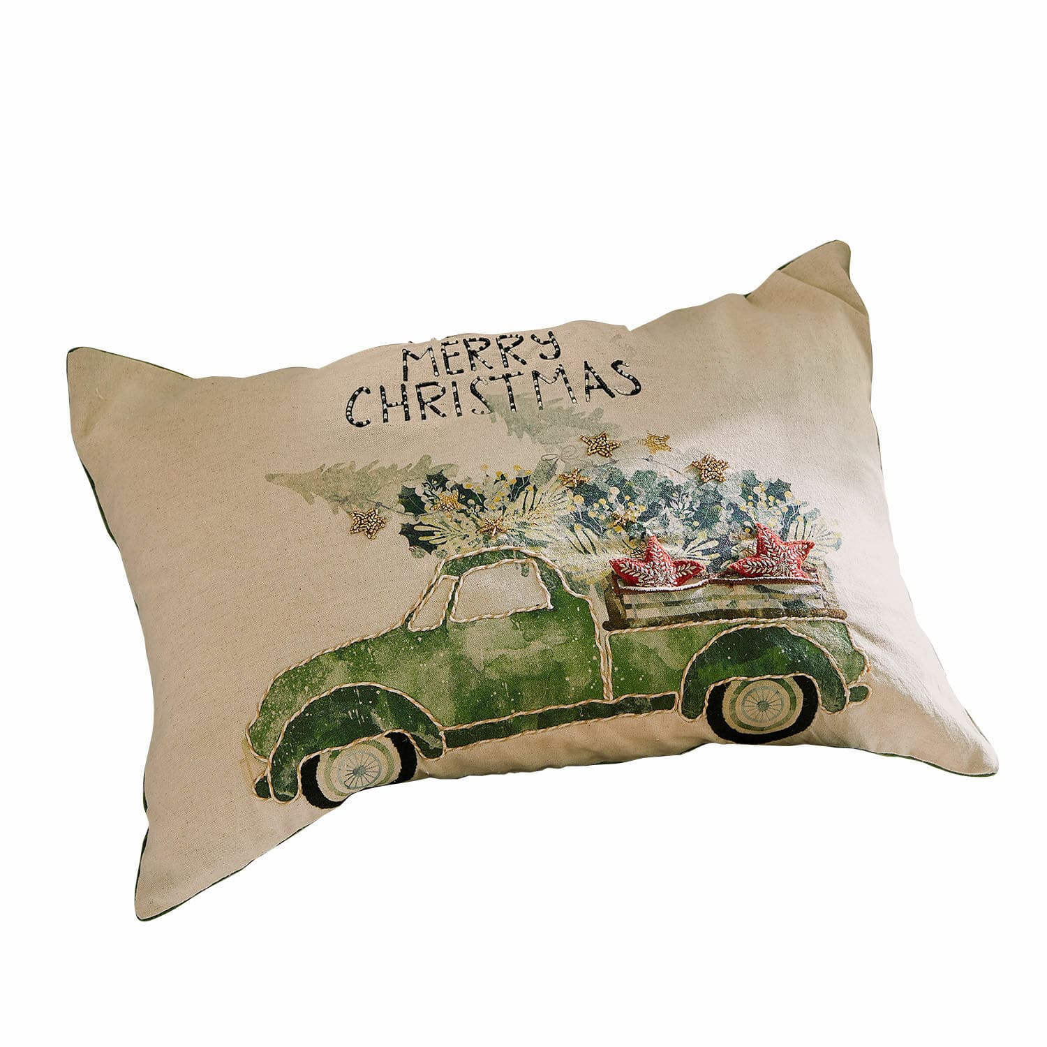 Beige sierkussen met groene auto en tekst Merry Christmas, kersttextielmotief