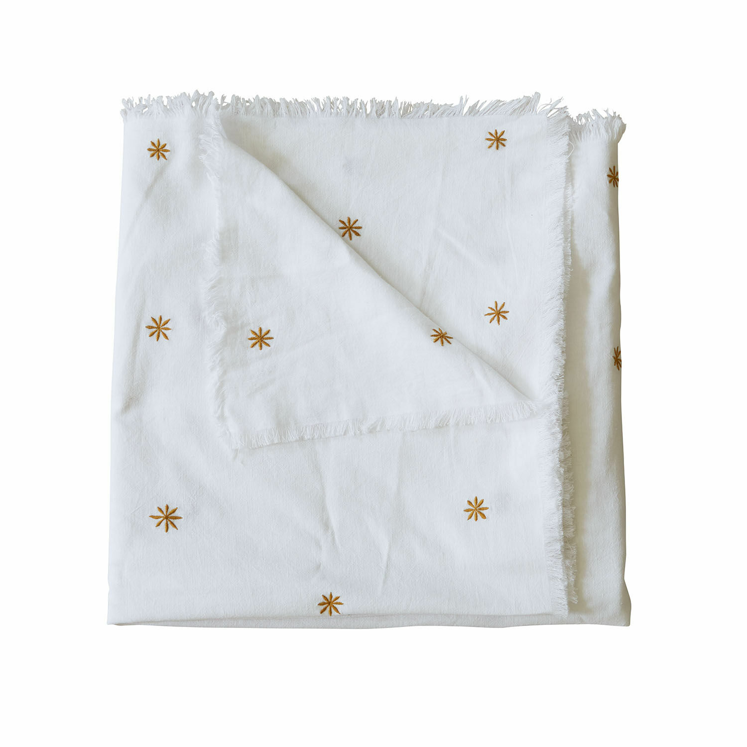 Tafelkleed Fjalara Witte katoenen deken met bruine geborduurde sterren en franjes, zacht en decoratief