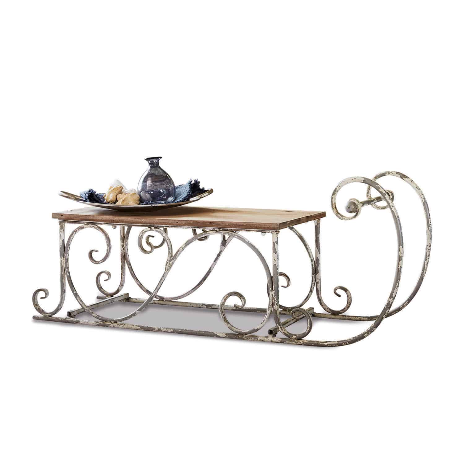 Luge décorative Gifur Luge décorative en métal avec plateau en bois patiné blanc pour un style vintage intérieur