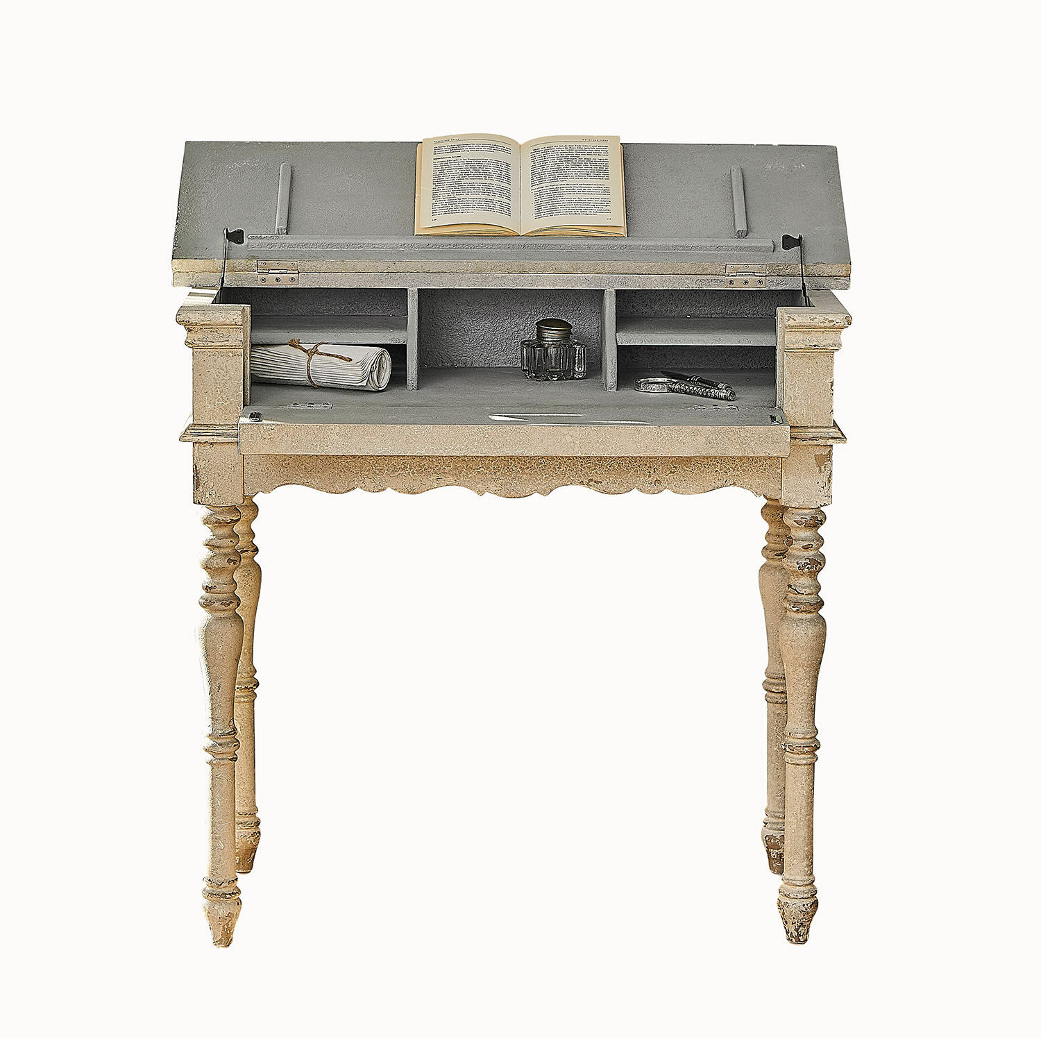 Console Arterton Bureau en bois vintage beige et gris avec plateau ouvert et livre posé dessus, style ancien