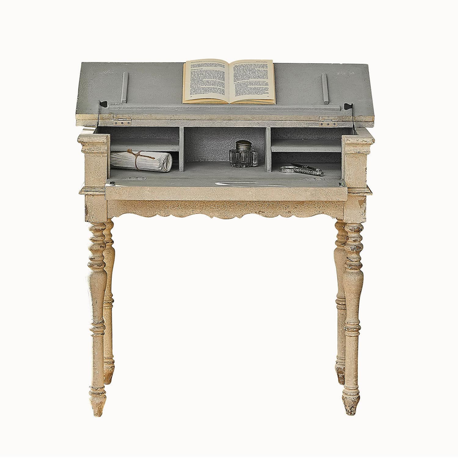Wandtafel Arterton Vintage houten bureau in beige en grijs met open klap en boek op het werkblad