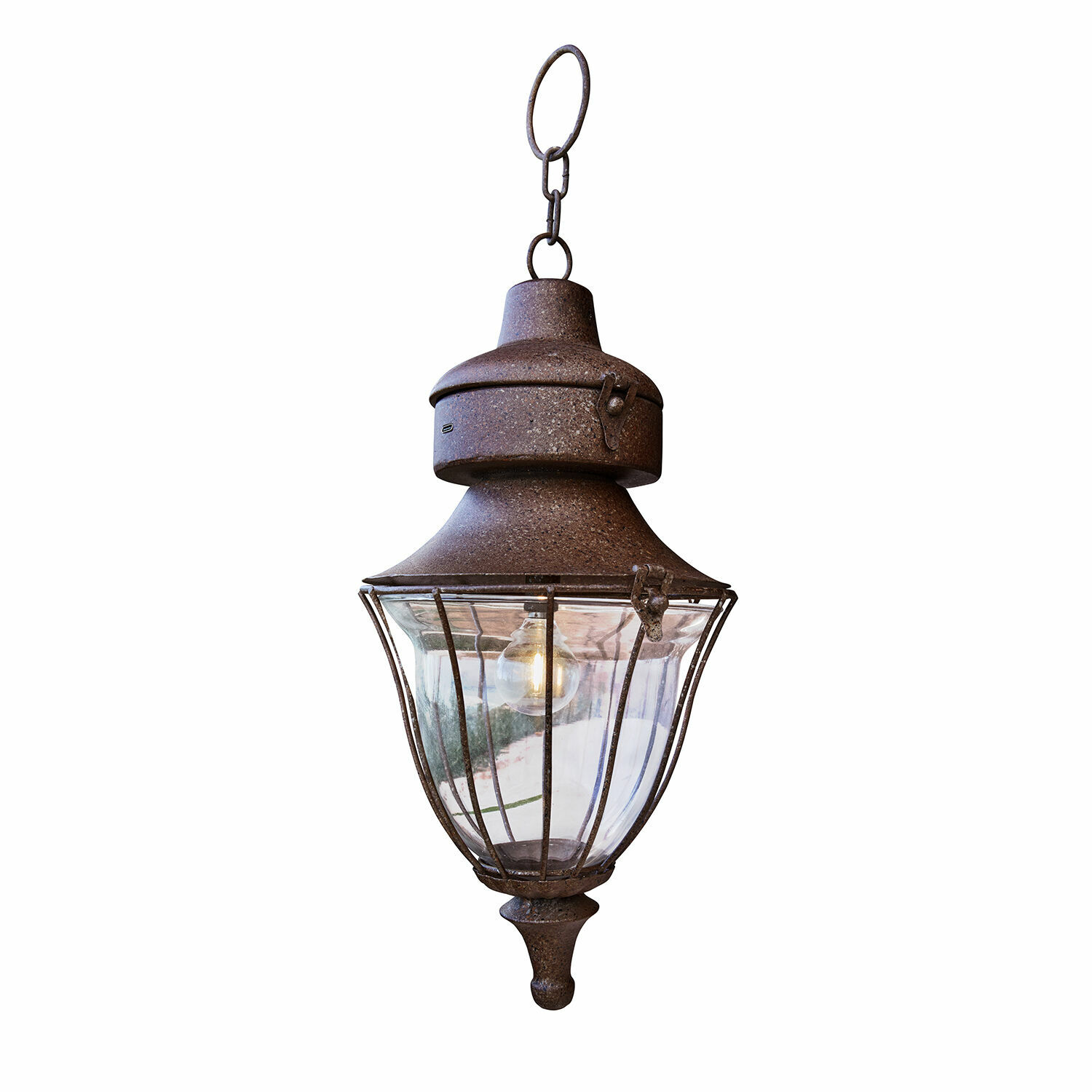 Oplaadbare ledlantaarn Gambier Hangende buitenlamp van roestig metaal met helder glas en gloeilamp, rustieke buitenverlichting