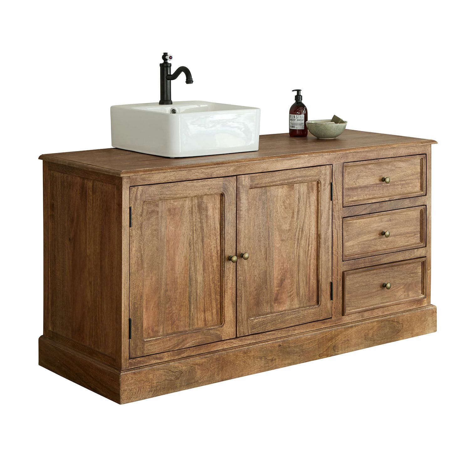 Wastafelmeubel Dorchester Houten badkamermeubel met keramische wastafel en zwarte kraan, natuurlijke houtkleur