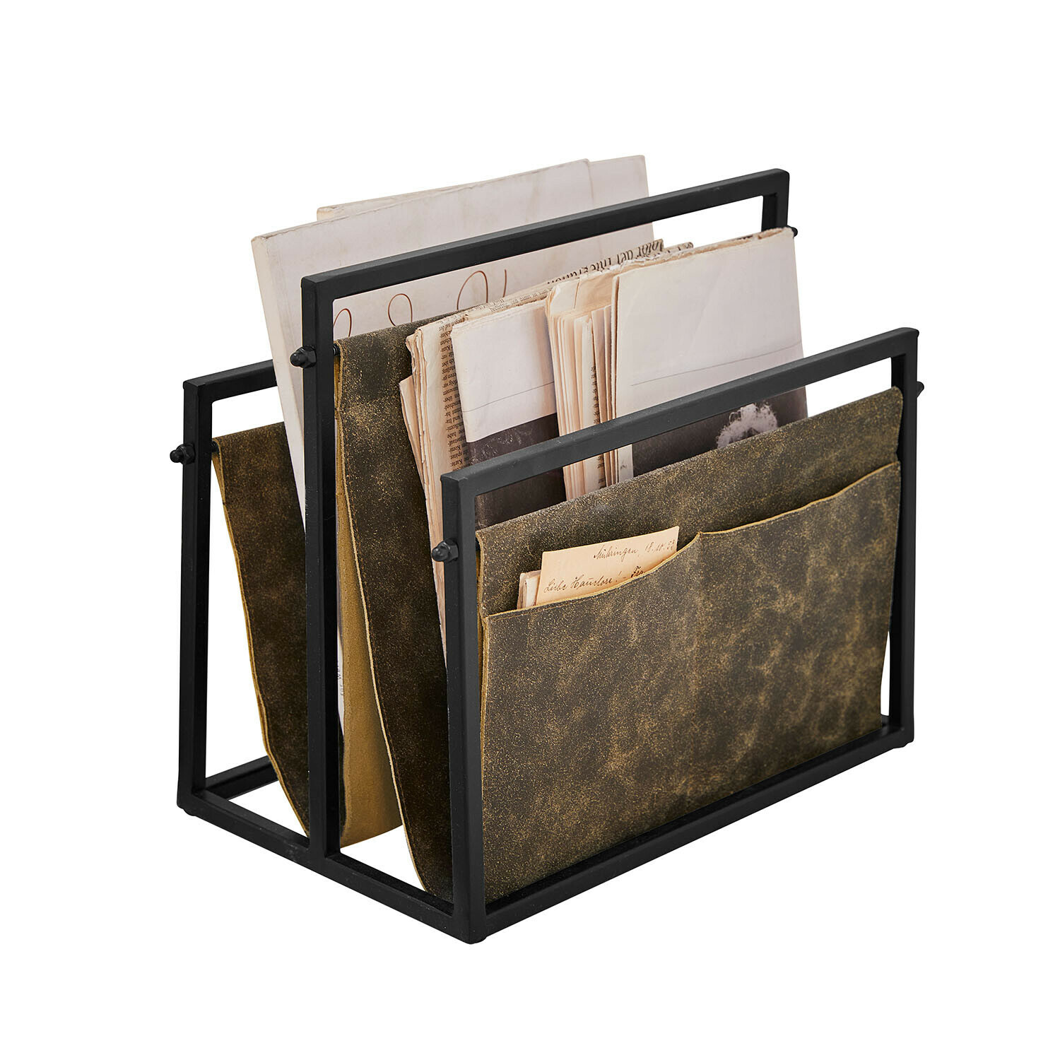 Tijdschriftenhouder Larkwoods Tijdschriftenhouder met zwart metalen frame en bruine leren vakken voor documenten en tijdschriften