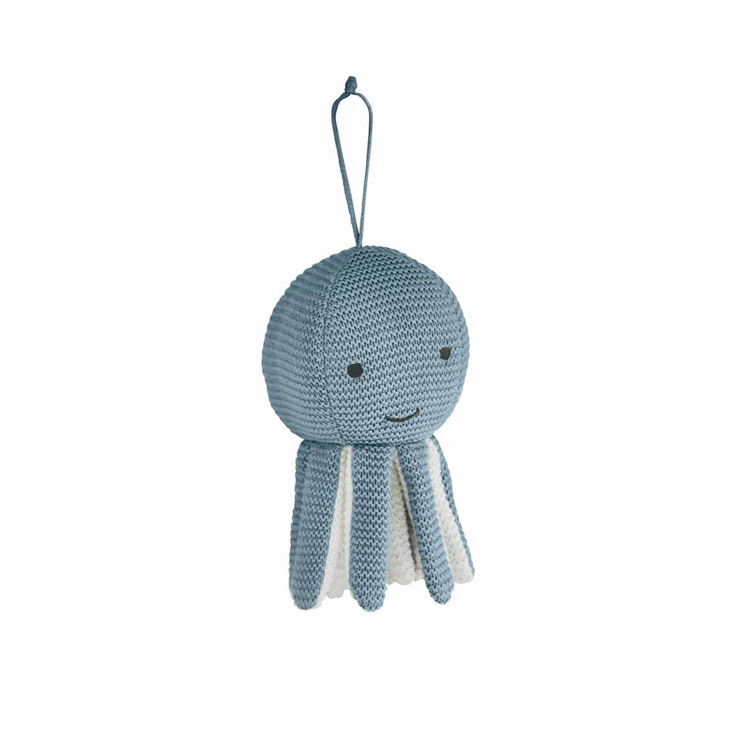 Peluche musicale Cozycot Décoration suspendue pieuvre bleue en tricot avec détails blancs, accessoire pour chambre d'enfant