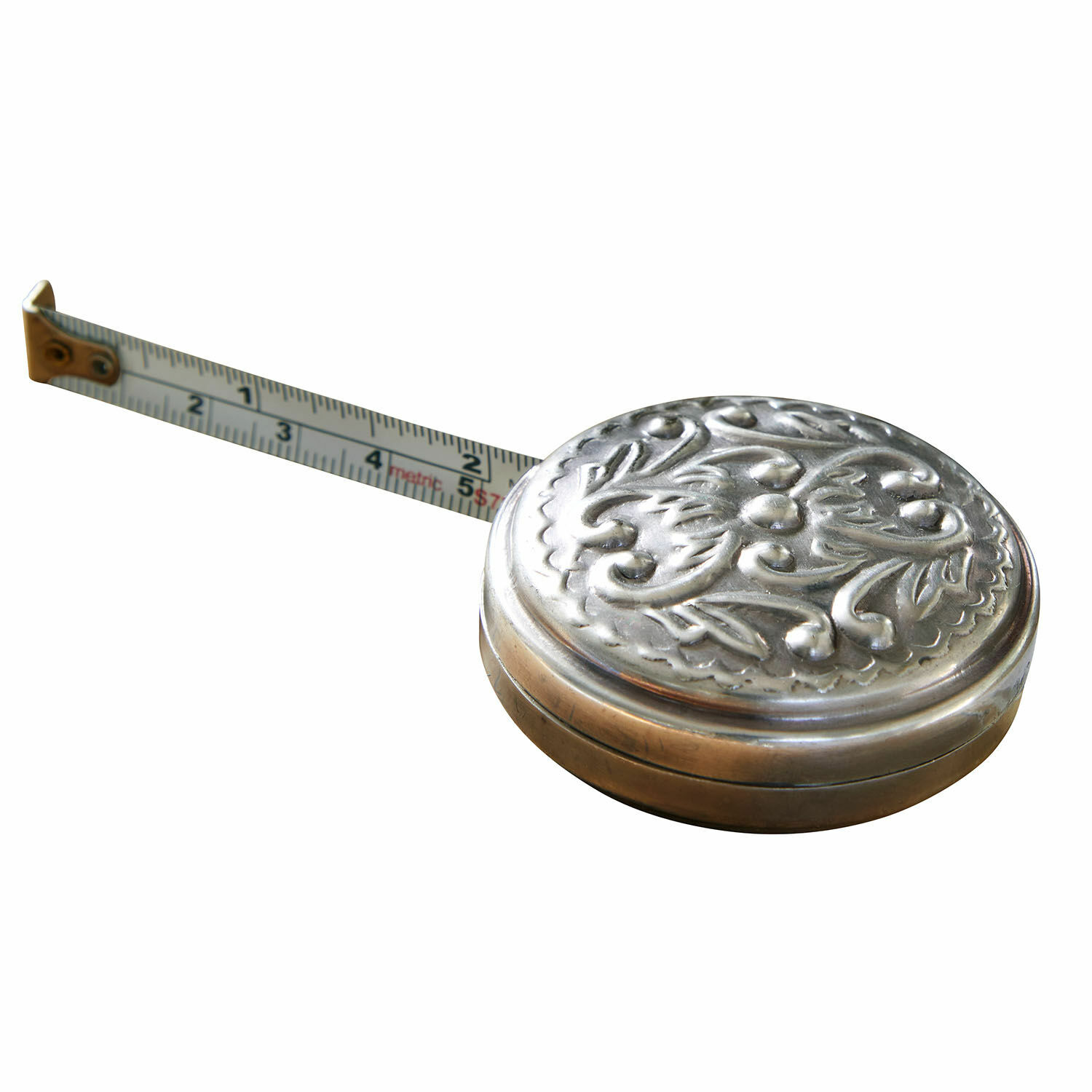 Mètre ruban Dakota Mètre ruban métallique avec motif décoratif sur boîtier argenté et ruban blanc gradué