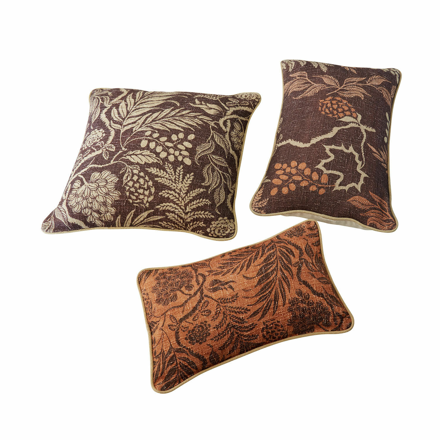 Kussenhoes set van 3 Carivelle Set van drie decoratieve kussens met bladmotief in bruine en oranje tinten voor woonkamer