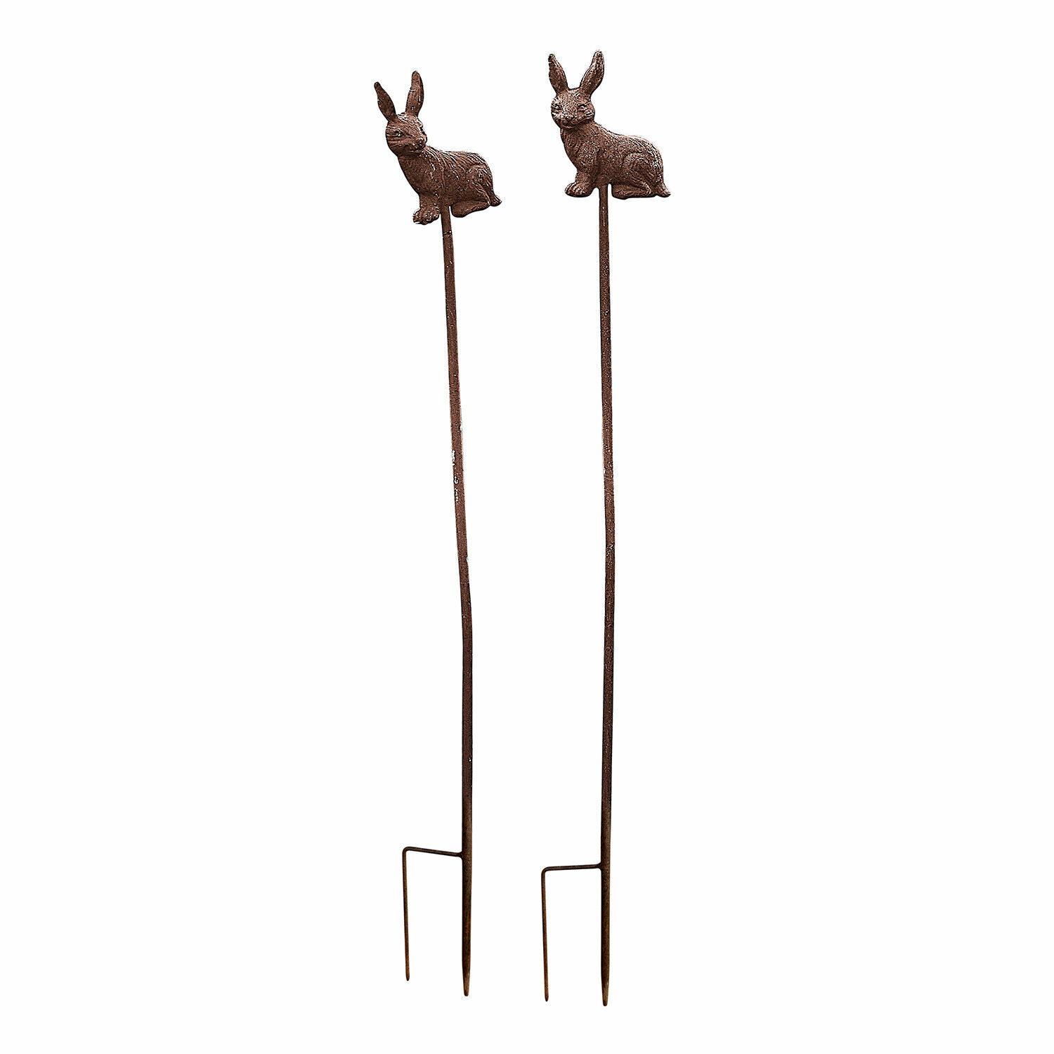 Tuinprikker set van 2 Dariyah Bruine metalen tuinpalen met konijn decoratie voor tuinarrangementen