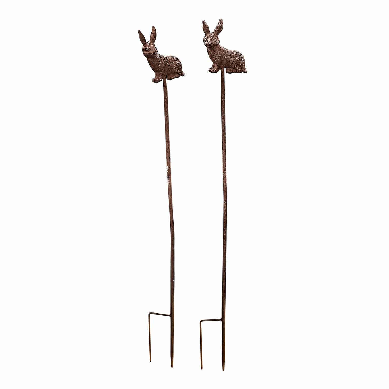 Lot de 2 piques de jardin Dariyah Tuteurs de jardin en métal brun avec décor lapin pour embellir les espaces verts