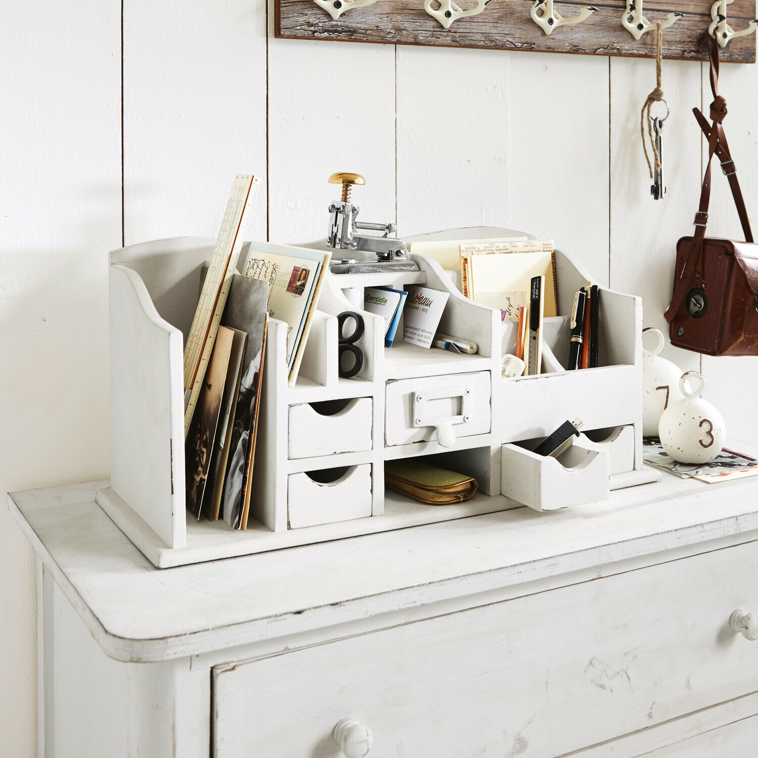 Organiseur Levin Organisateur de bureau en bois blanc avec tiroirs et compartiments pour documents et fournitures