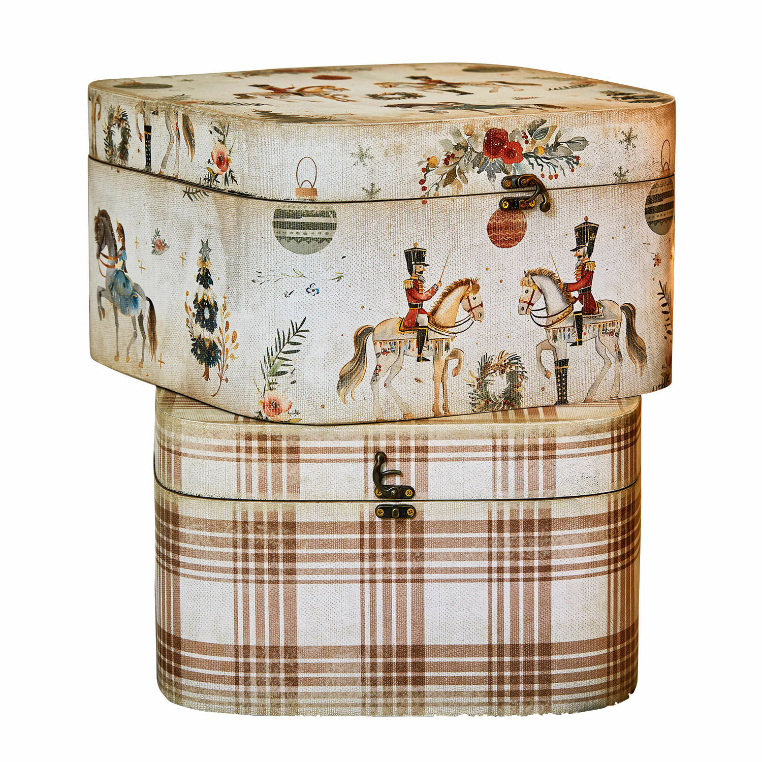 Doosje set van 2 Cormira Set van twee decoratieve stoffen dozen in beige met bruin ruitpatroon en soldaten te paard motief