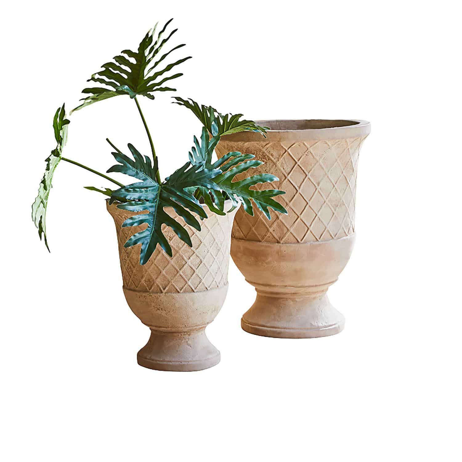 Plantenpot set van 2 Kivolex Twee beige terracotta bloempotten met geometrisch patroon, één met groene bladeren, tuindecoratie
