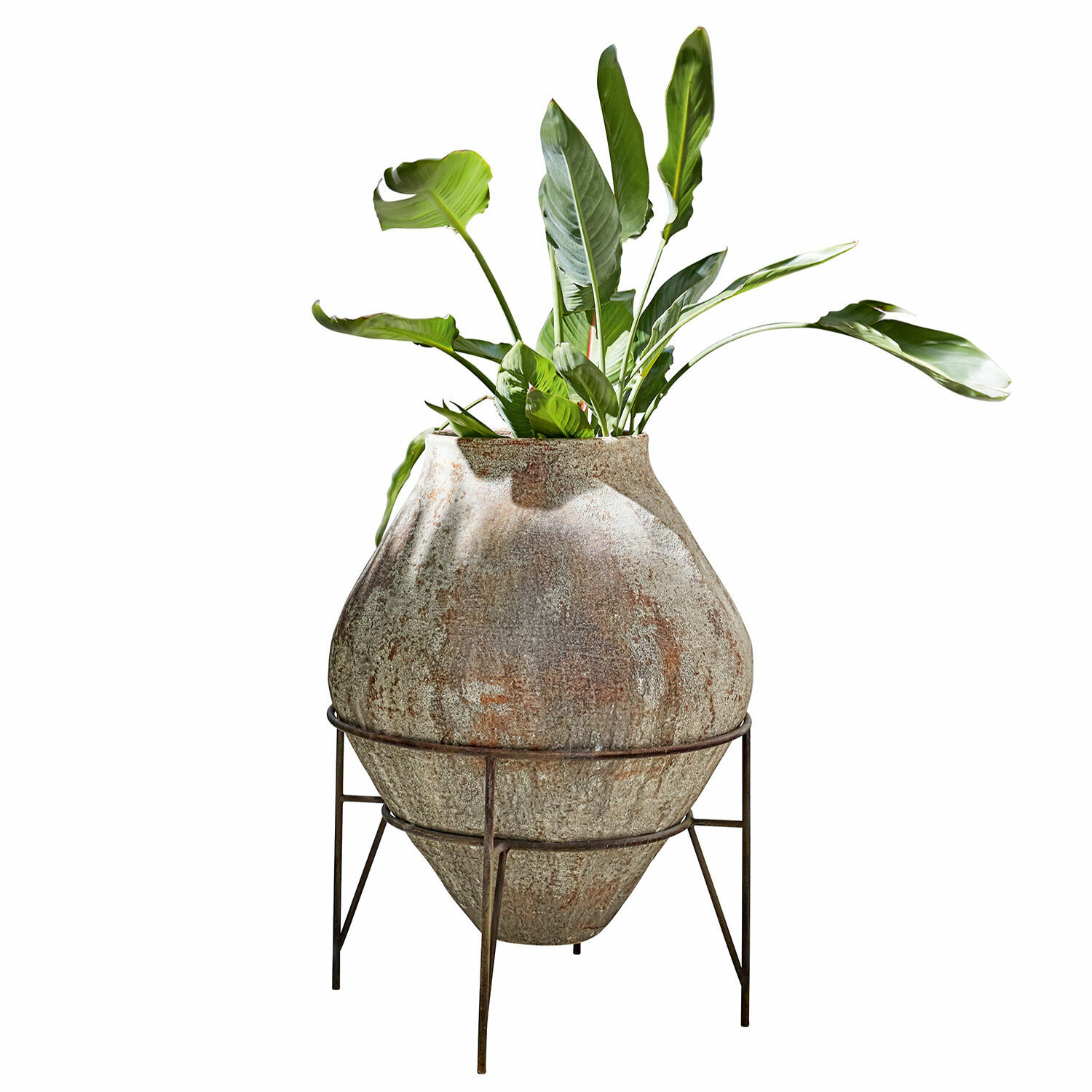 Vaas Pive Grote stenen bloempot op metalen standaard met groene plant, decoratie voor binnen en tuin