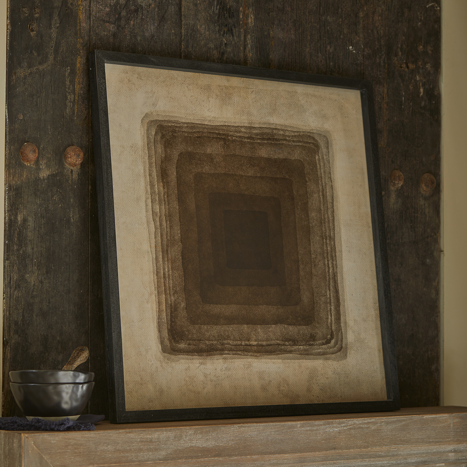 Tableau décoratif avec motif géométrique de carrés en nuances de brun sur fond beige