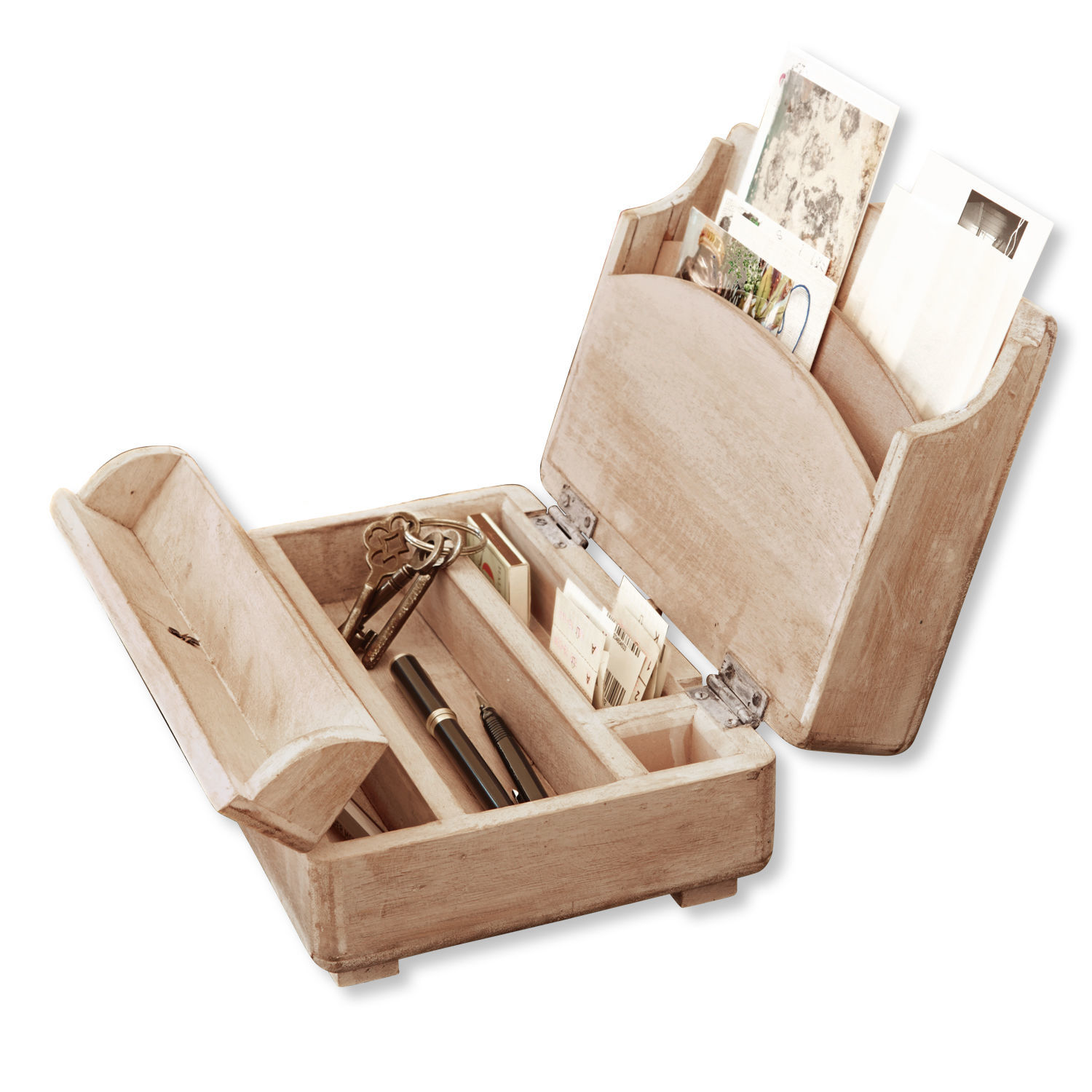 Organiseur de table Didier Boîte en bois clair avec compartiments pour clés, stylos et courrier, rangement pratique