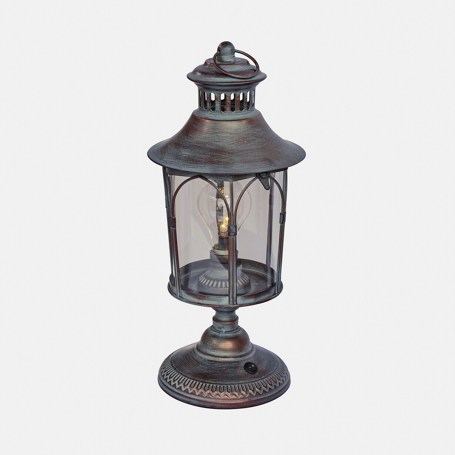 Lampe de table en métal style lanterne avec abat-jour transparent et interrupteur, couleur bronze vieilli