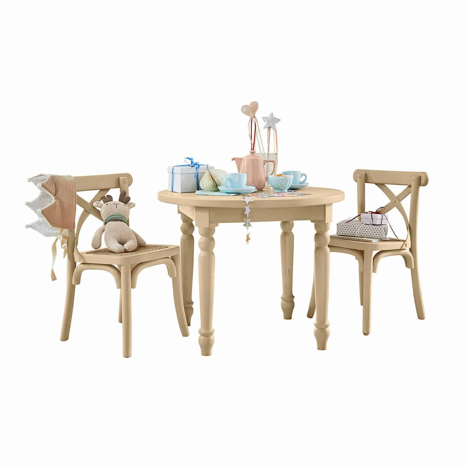 Kindermeubelsetje Sourila Beige ronde houten tafel met twee stoelen en decoraties voor thee en cadeaus