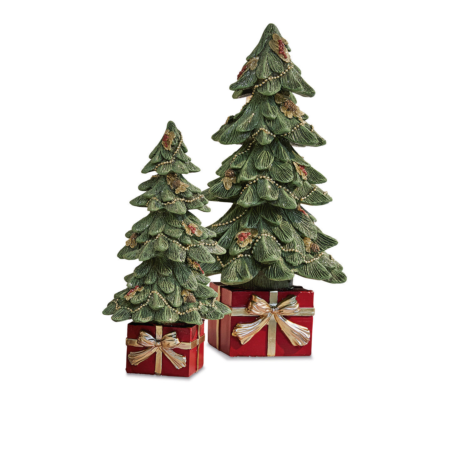 Lot de 2 sapins décoratifs Verne Ensemble de deux décorations de sapin vertes avec cadeaux rouges et nœuds dorés pour Noël
