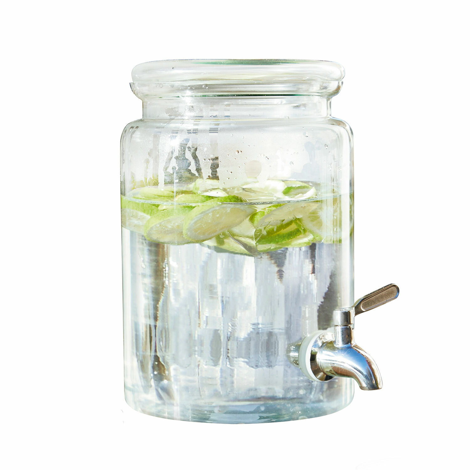 Distributeur de boisson Gabela Distributeur de boissons en verre avec robinet, rempli d'eau et tranches de citron vert, pour servir des boissons
