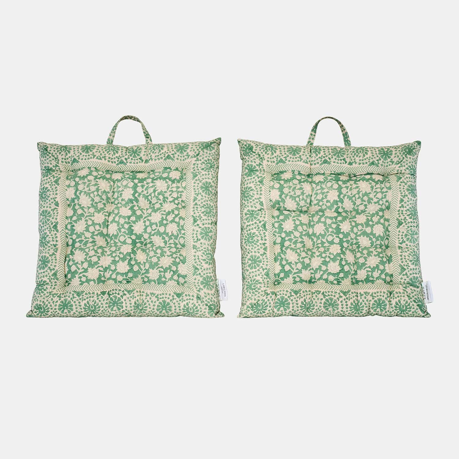 Lot de 2 coussins d’assise Fleuronnes Ensemble de deux coussins verts en coton avec motif floral et poignée pour suspendre