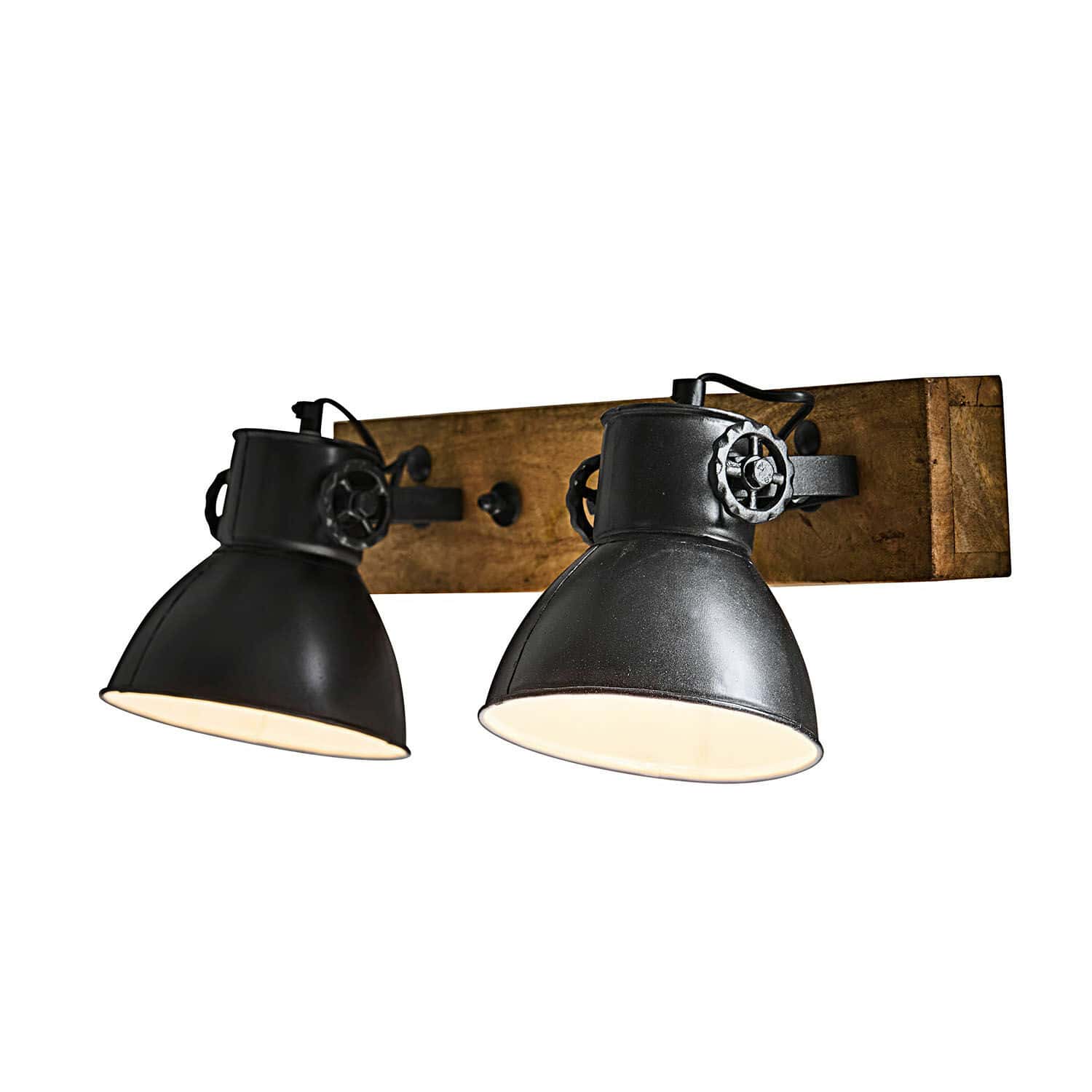 Wandlamp Périgné Zwarte metalen wandlamp met twee verstelbare kappen op houten basis, industriële verlichting