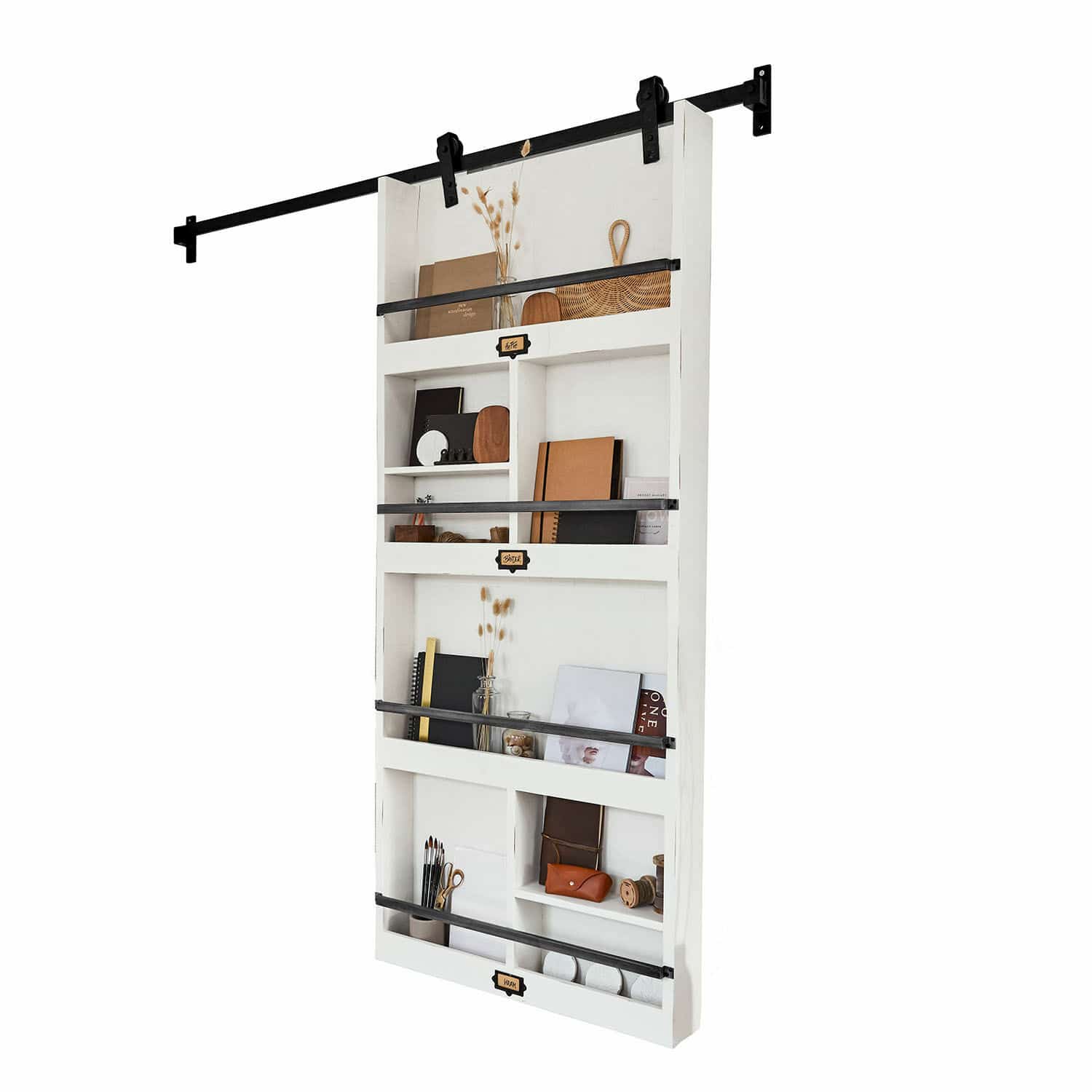 Porte coulissante Besançon Étagère murale blanche en bois avec barres métalliques pour ranger livres et décorations