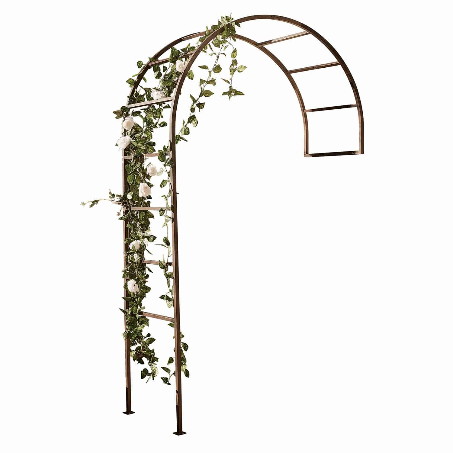 Rozenboog Auburn Bruine metalen boogpergola met groene bladeren en witte bloemen voor tuindecoratie