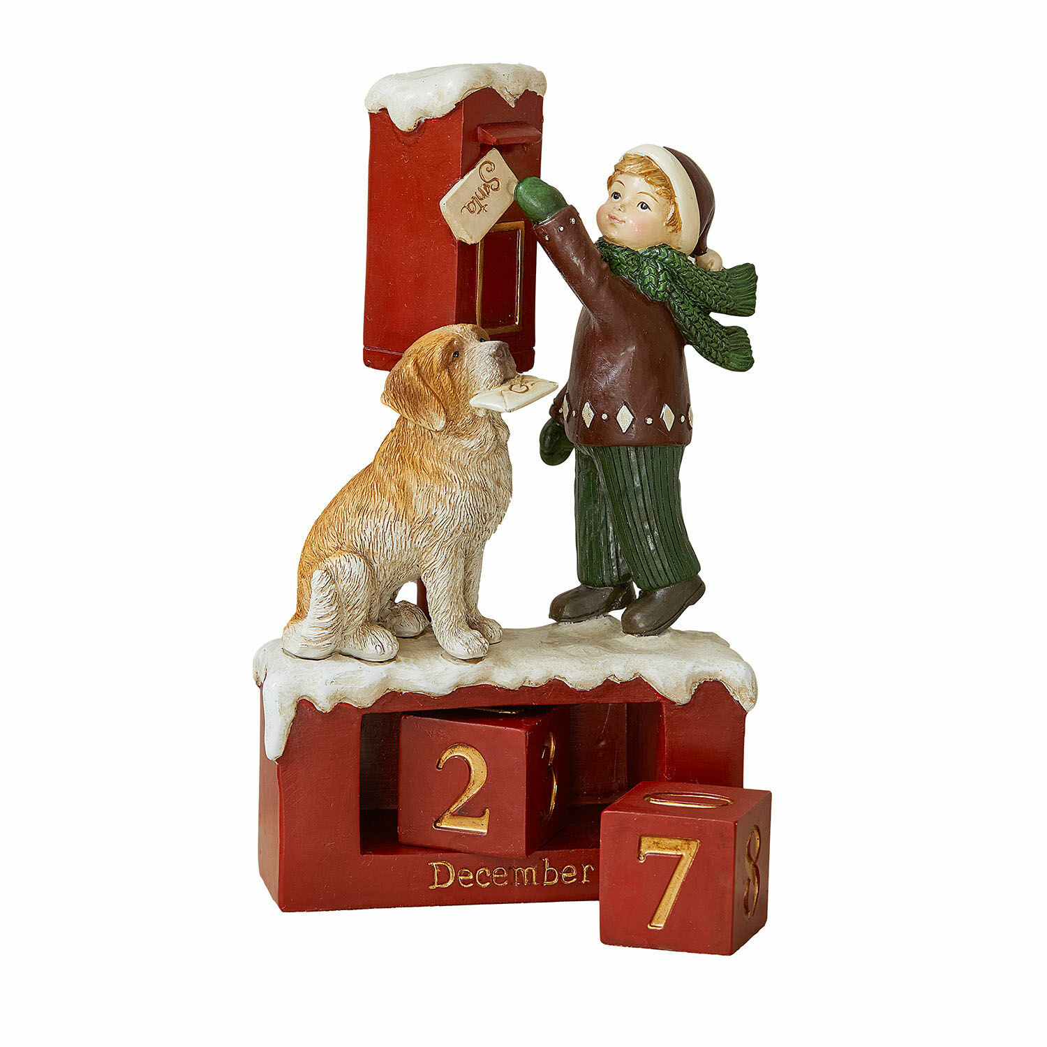 Calendrier Norrholm Calendrier de l'Avent en résine avec garçon et chien près d'une boîte aux lettres rouge en décembre